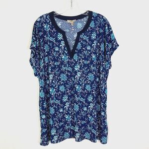 Lavish V-Neck  Blouse Size 2X Blue Teal Floral Stretch Sparkly Mirror Dots